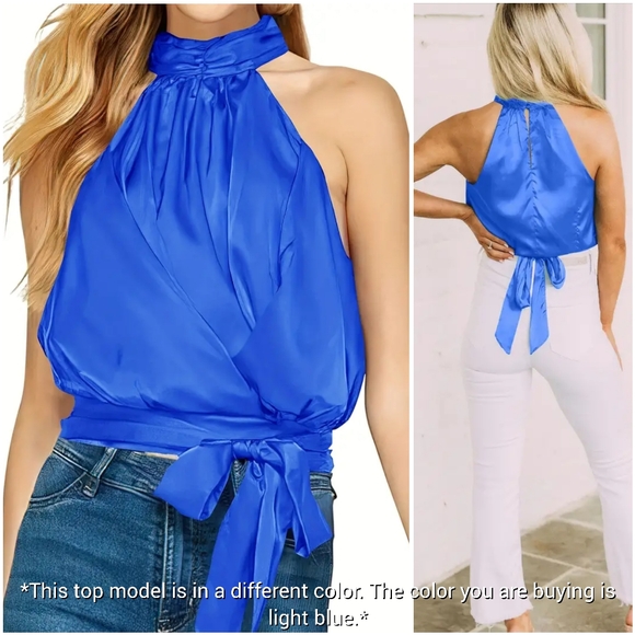 NWT Kirundo Sky Blue Satin Silk Crop Halter Sleeveless Tie Blouse Top Shirt M - Picture 3 of 11